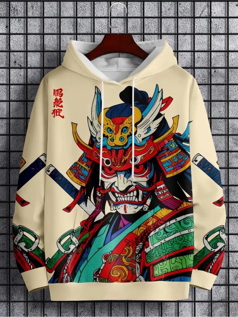 Hooded Drop Shoulder Long Sleeve Sweatshirt Japanese Samurai Printed Top